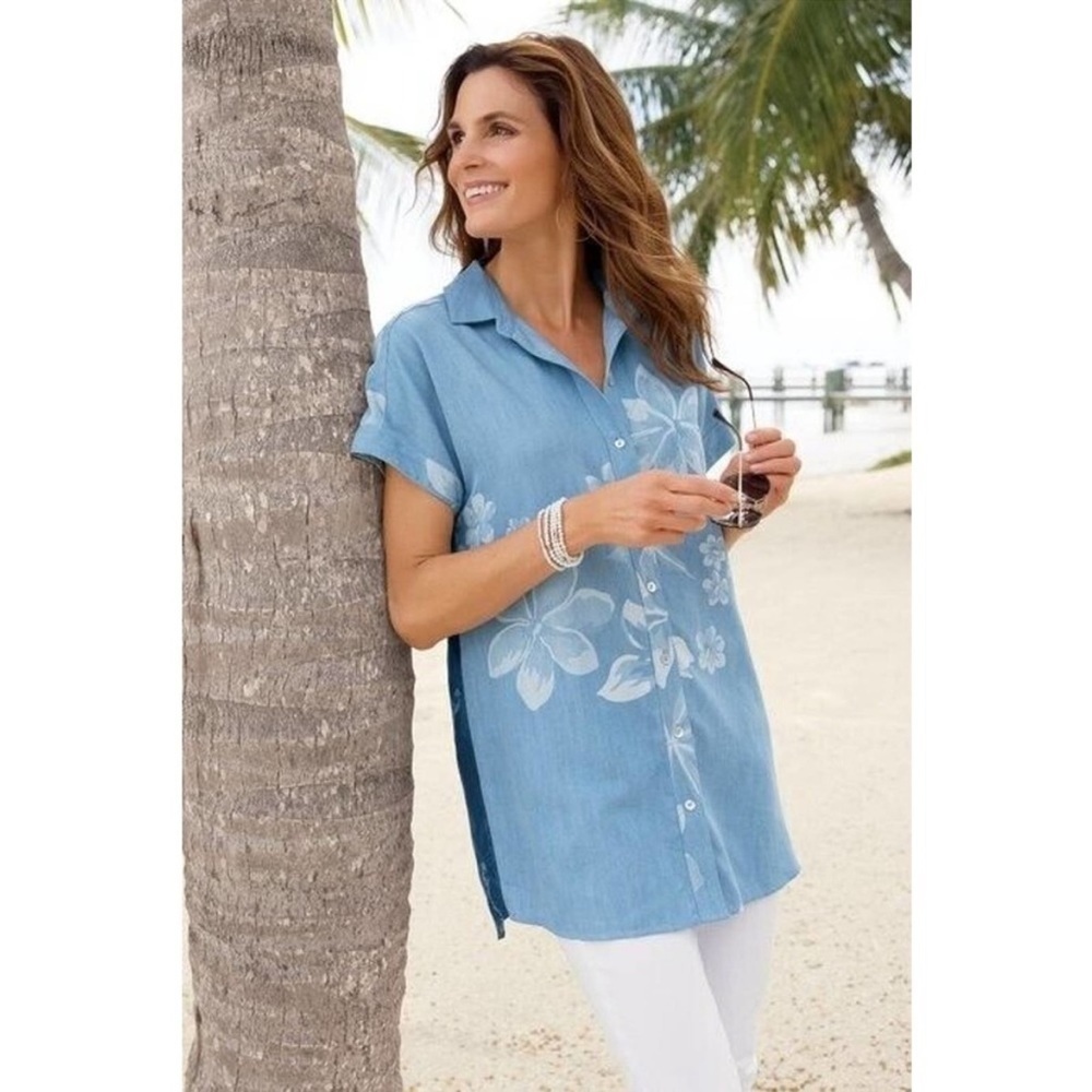 SOFT SURROUNDINGS Lochlea Lyocell Chambray Button Down Tunic Indigo Size M NEW